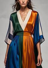 Vestido largo italiano de seda con cuello en V, cintura alta y patchwork, media manga